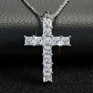18K WHITE GOLD DIAMOND CZ LUXURY CROSS NECKLACE
